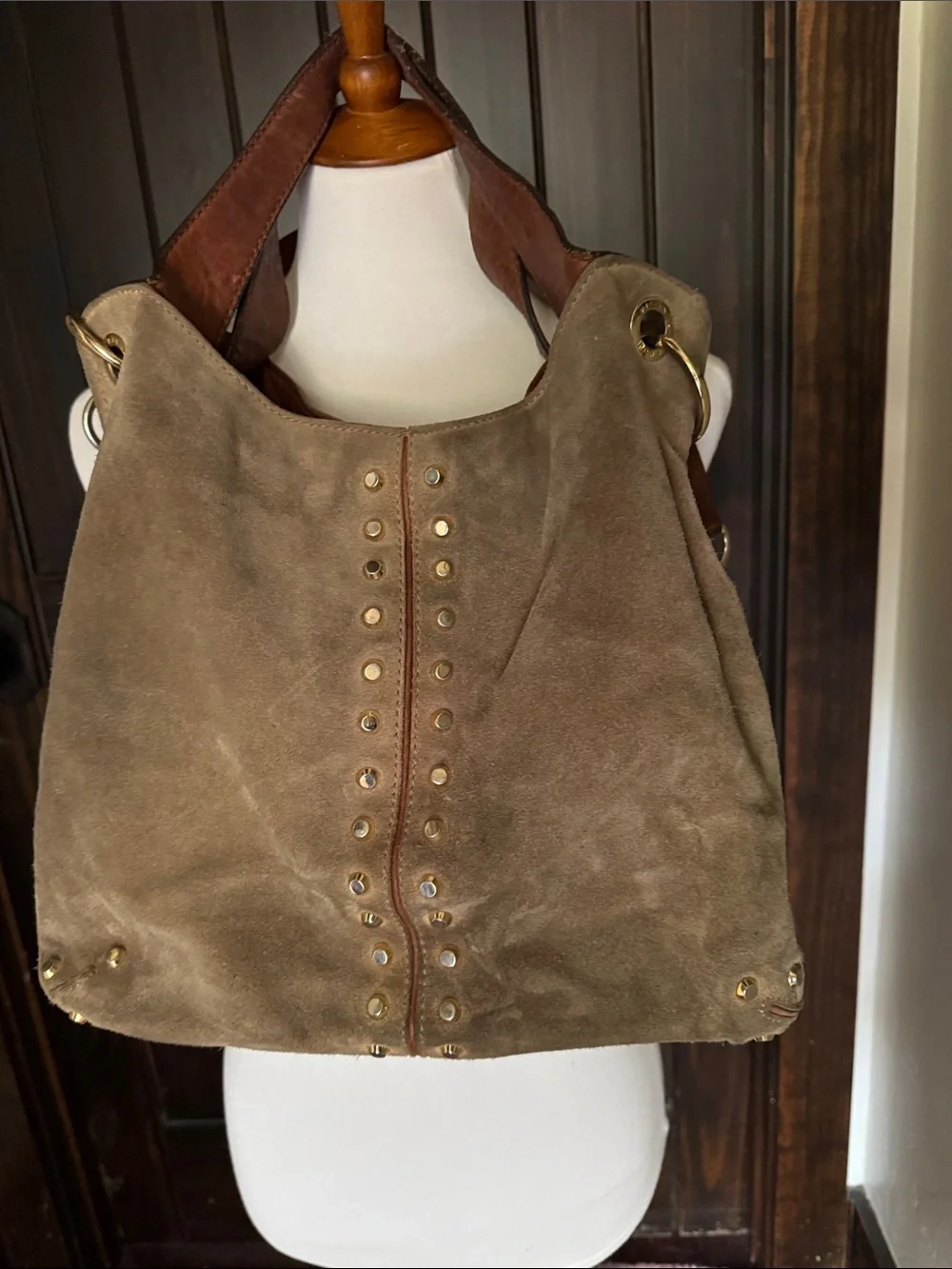 Michael Kors Suede Stud-Accent Shoulder Bag in Taupe and Brown